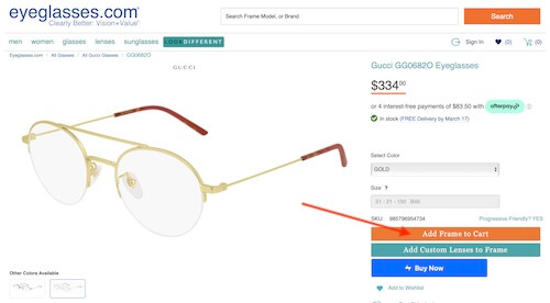 Eyeglasses.com shopping cart